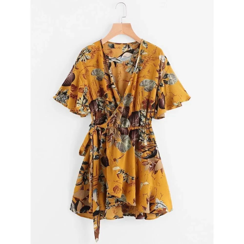 ✨4xHP✨Ruffle Sleeve Palm Leaf WrapTie Waist Dress✨